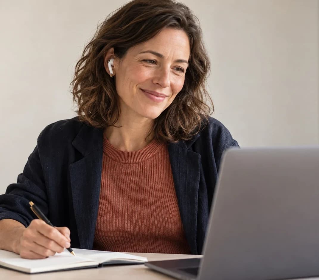 A learner smiling at her laptop during a 1:1 lesson, earphones in, taking notes