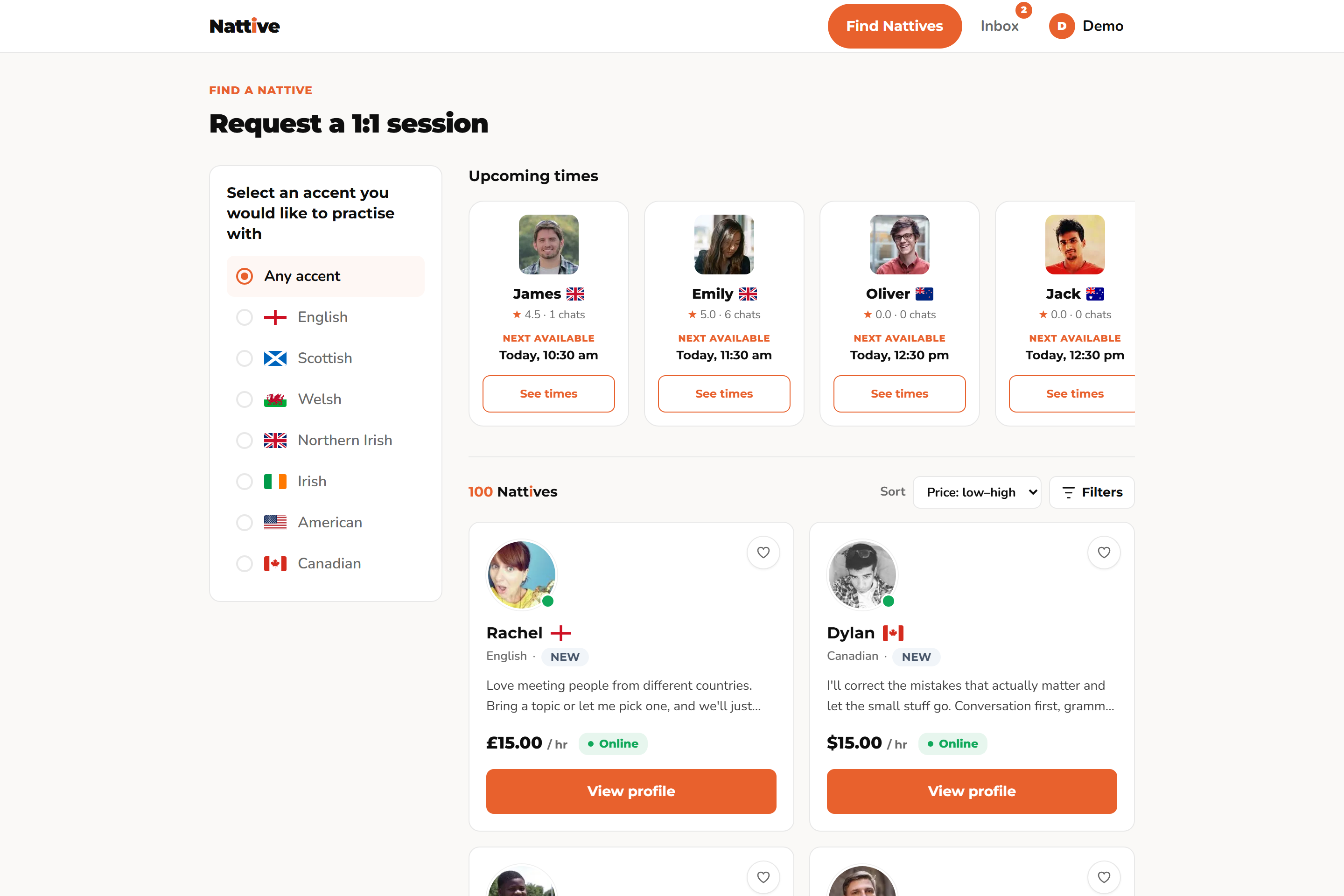 Browsing verified native speakers on the Nattive marketplace