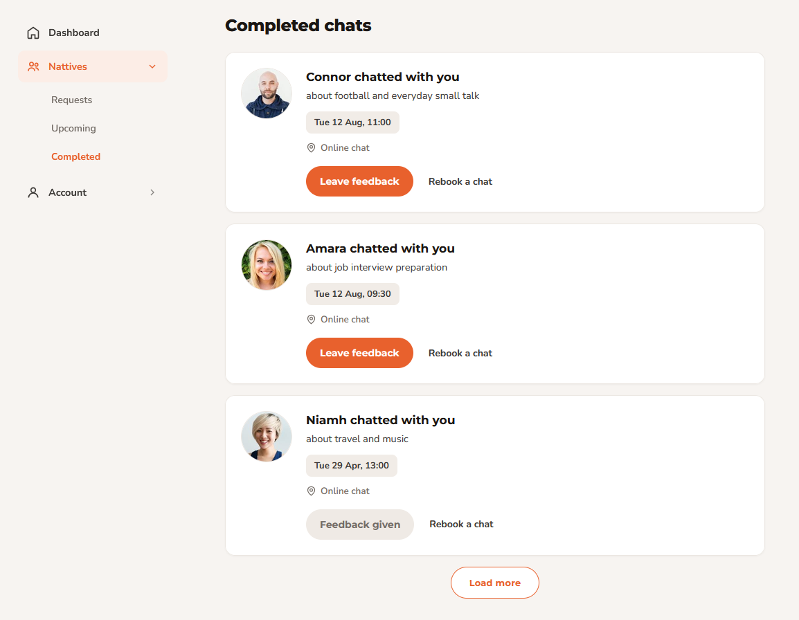 A learner's completed chats with native speakers, each with the topic they practised