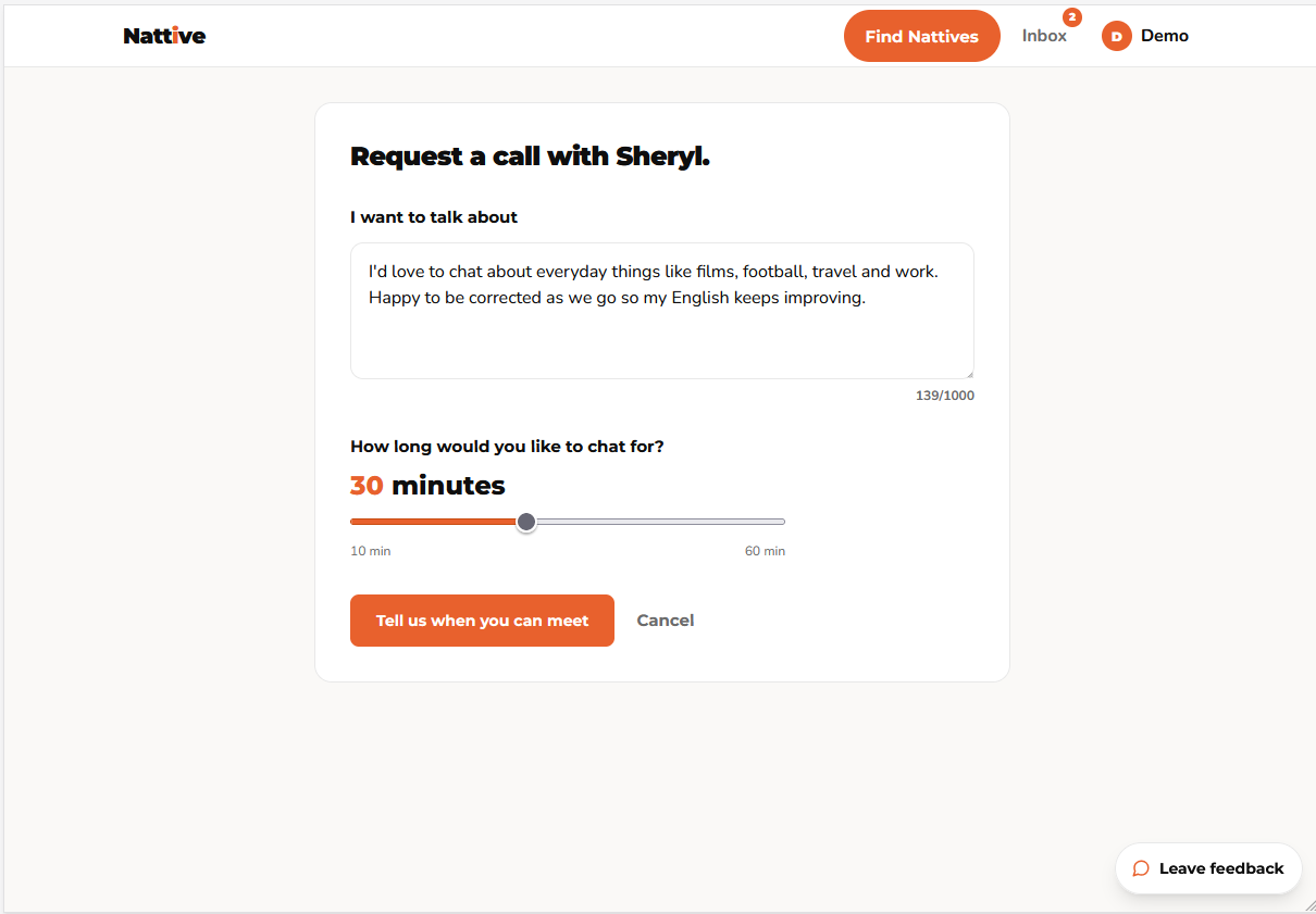 Requesting a chat in the Nattive app: say what you want to talk about and how long