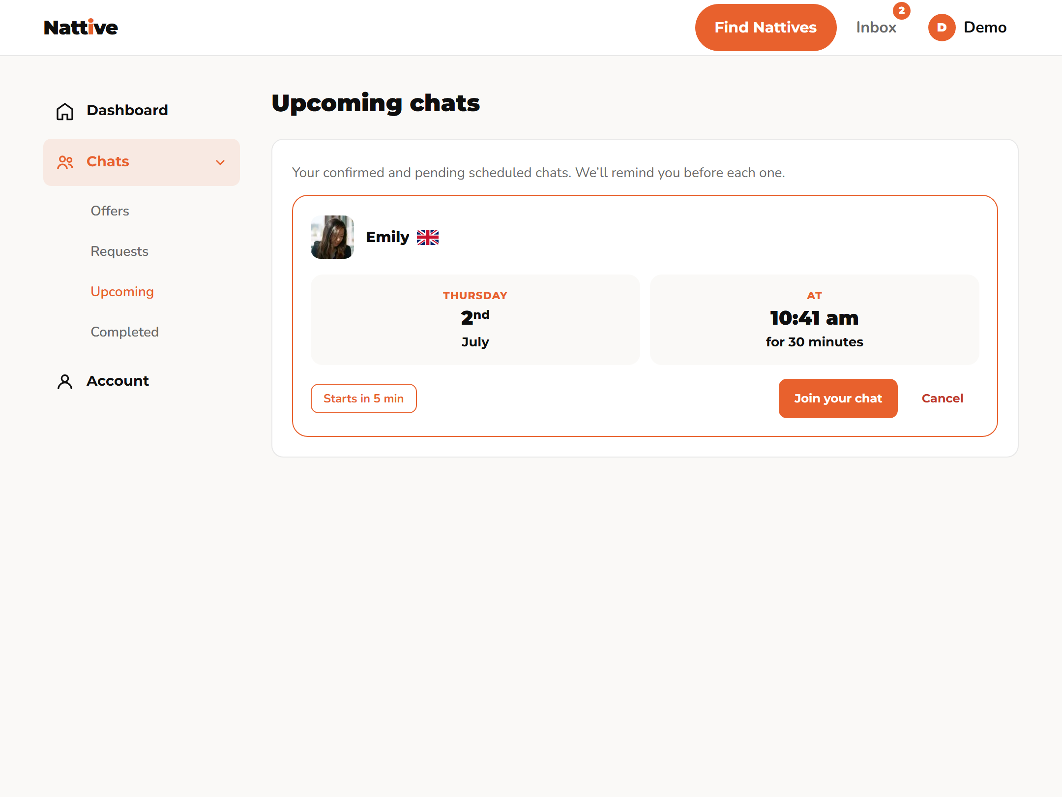 A learner's upcoming scheduled chat with Emily, a verified native speaker, in the Nattive app
